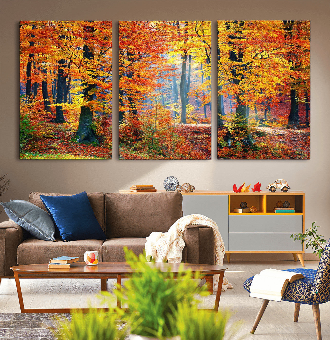 MGV-CV-60X30-3P - Autumn Red Forest Triptych Canvas Wall Art Print, Forest Wall Decor, Fall Landscape Art | Season