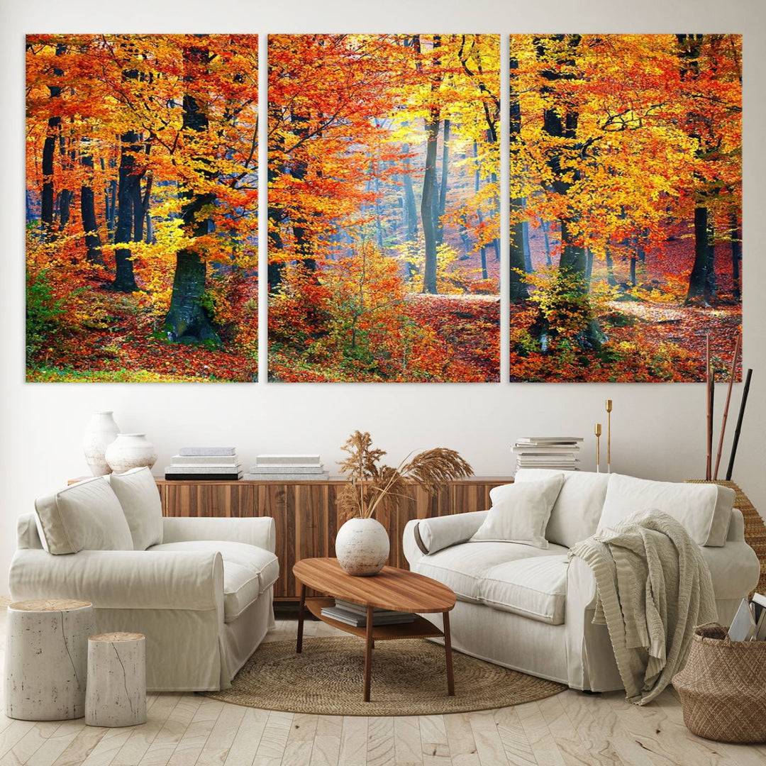 The room features an Autumn Red Forest Triptych Canvas Wall Art.