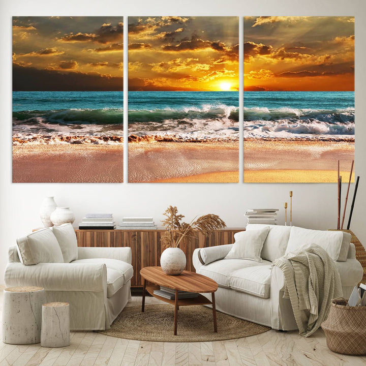 Golden Sunset Beach Canvas Triptych adorns the cozy room, creating a stunning focal point.