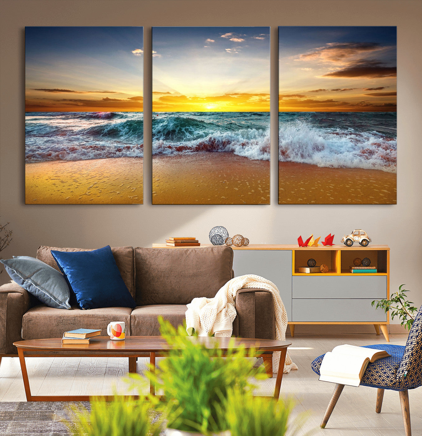 MGV-CV-60X30-3P - Golden Sunset Ocean Waves Wall Art Canvas Print – Multi Panel Beach Canvas Print Set – Large Coastal Triptych Print for Home or Farmhouse Decor