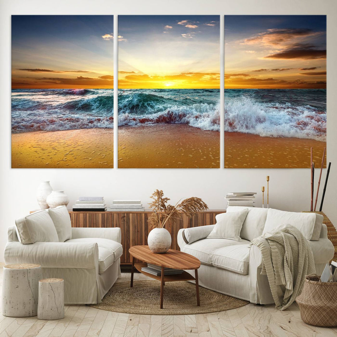 The kitchen features the Golden Sunset Ocean Waves multi-panel coastal wall art canvas.