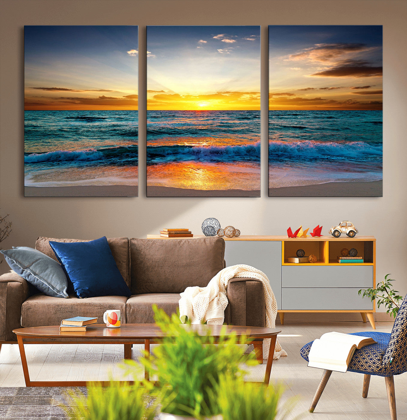 -Vibrant Ocean Sunrise Over Golden Beach Waves, Giclee Canvas Wall Art Set, High-Quality Stretched