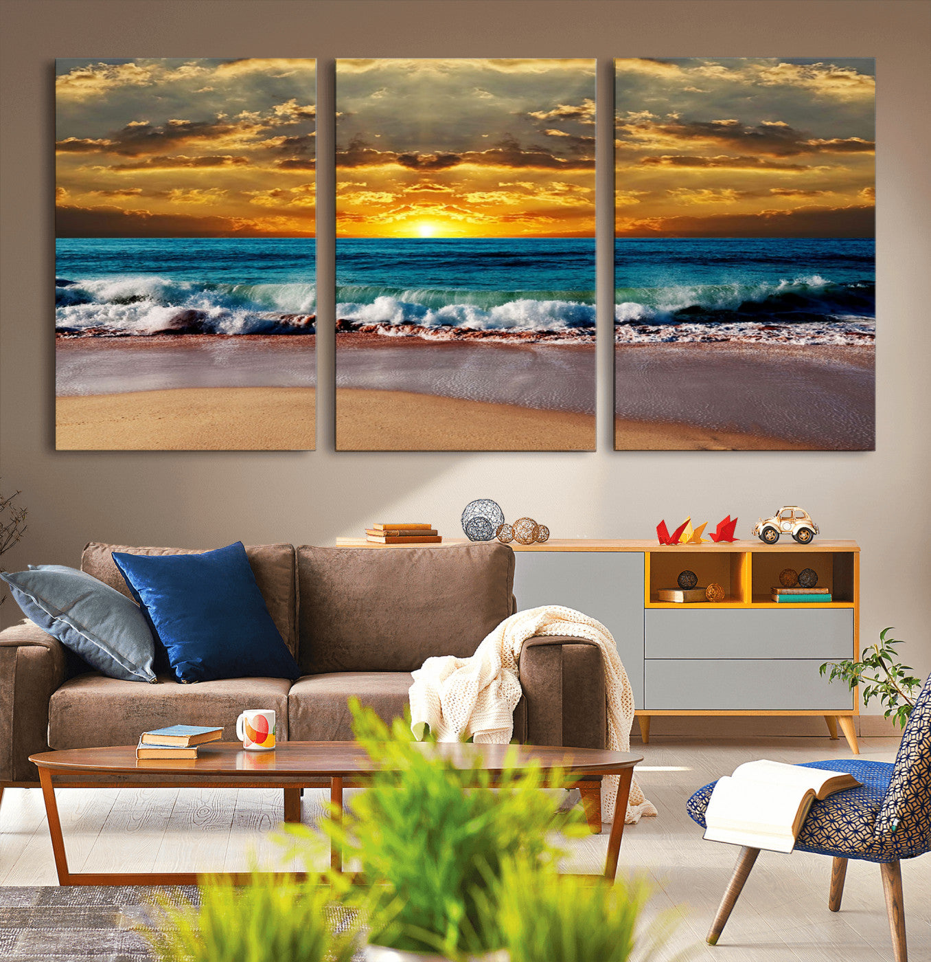 MGV-CV-60X30-3P - Ocean Sunrise Over Golden Beach Waves, Giclee Canvas Wall Art Set, High-Quality Stretched Canvas Print, Ready to Hang Coastal Sunset Wall Decor