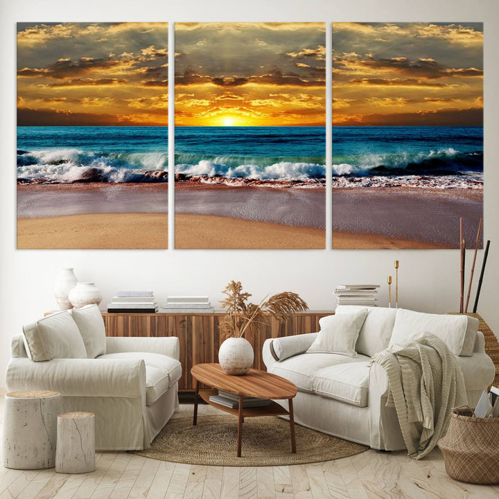 The Ocean Sunrise Over Golden Beach Waves wall art is prominently displayed, capturing the serene beauty of a beach at sunrise.