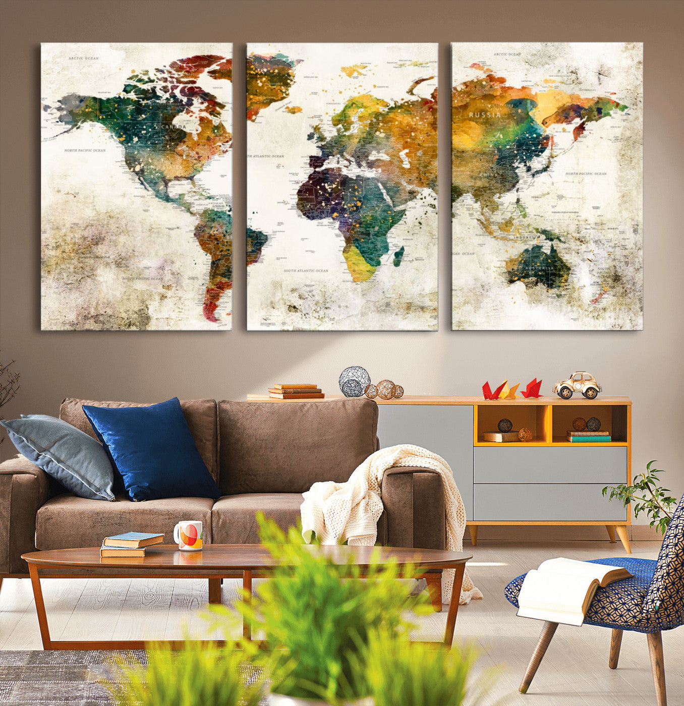 39605-MGV-CV-36X24-Vintage Watercolor World Map Canvas Wall Art – Framed Push Pin Travel Map for Home and Office Decor, Rustic Artistic World Map Artwork