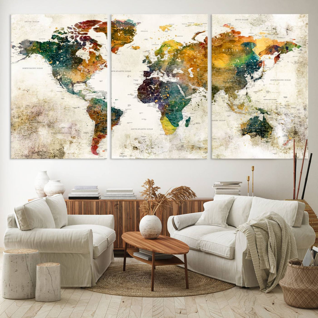 A 3-panel vintage world map canvas art is displayed.