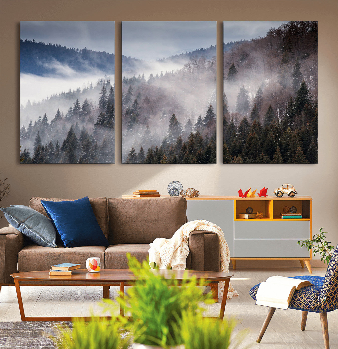 MGV-CV-60X30-3P - Beautiful Rising Fog in Winter Mountain Landscape- Framed Rising Fog in Winter Mountain Canvas