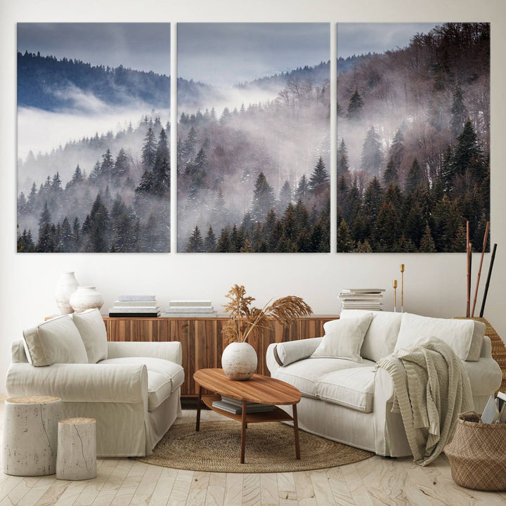 A museum-quality canvas of Beautiful Rising Fog in Winter Mountain Landscape hangs on the wall.