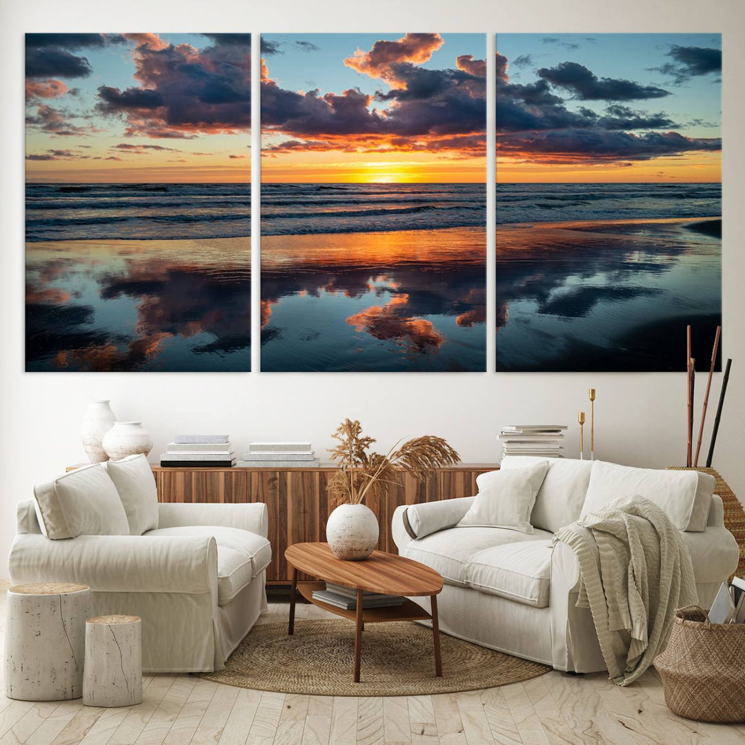 A Beach Sunset Print - Stunning Ocean Canvas Artwork adorns the wall.