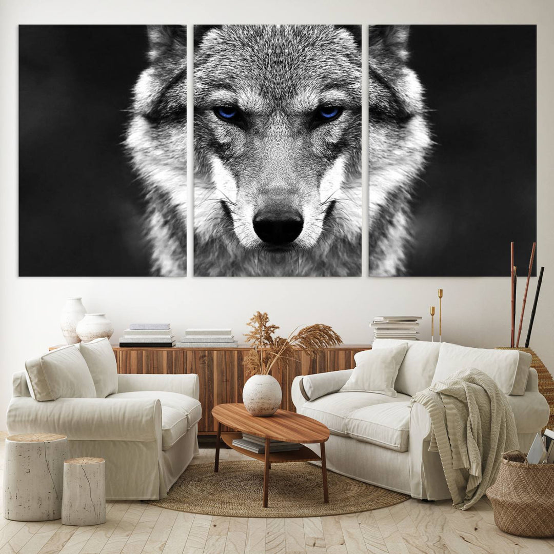 A ready-to-hang Black and White Wild Wolf Wall Art Canvas Print.