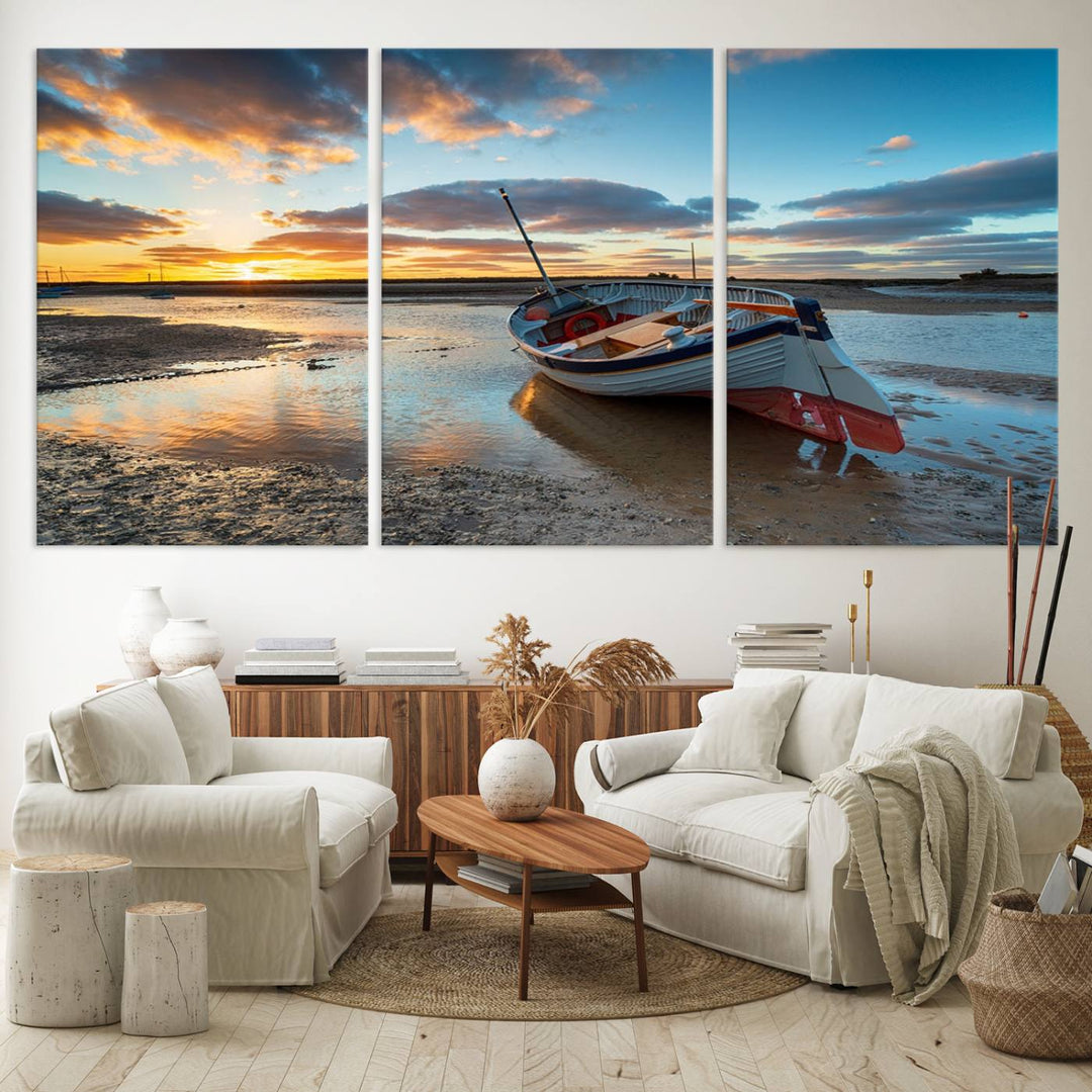 The Small Boat At The Beach Sunset wall art canvas print features UV coating, is museum-quality, and is ready to hang.