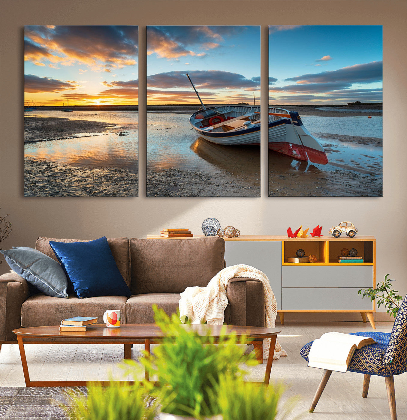 MGV-CV-60X30-3P - Small Boat At The Beach Sunset Wall Art, Boat Sunset Wall Art Canvas Print