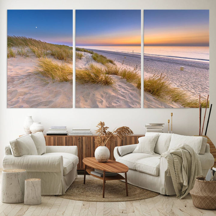 The cozy kitchen features the Sunrise On The Beach canvas art.