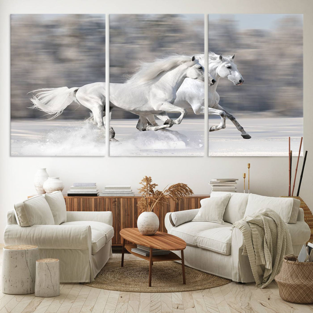 Museum-quality All The White Horses canvas print of two white horses in snow, ready to hang.