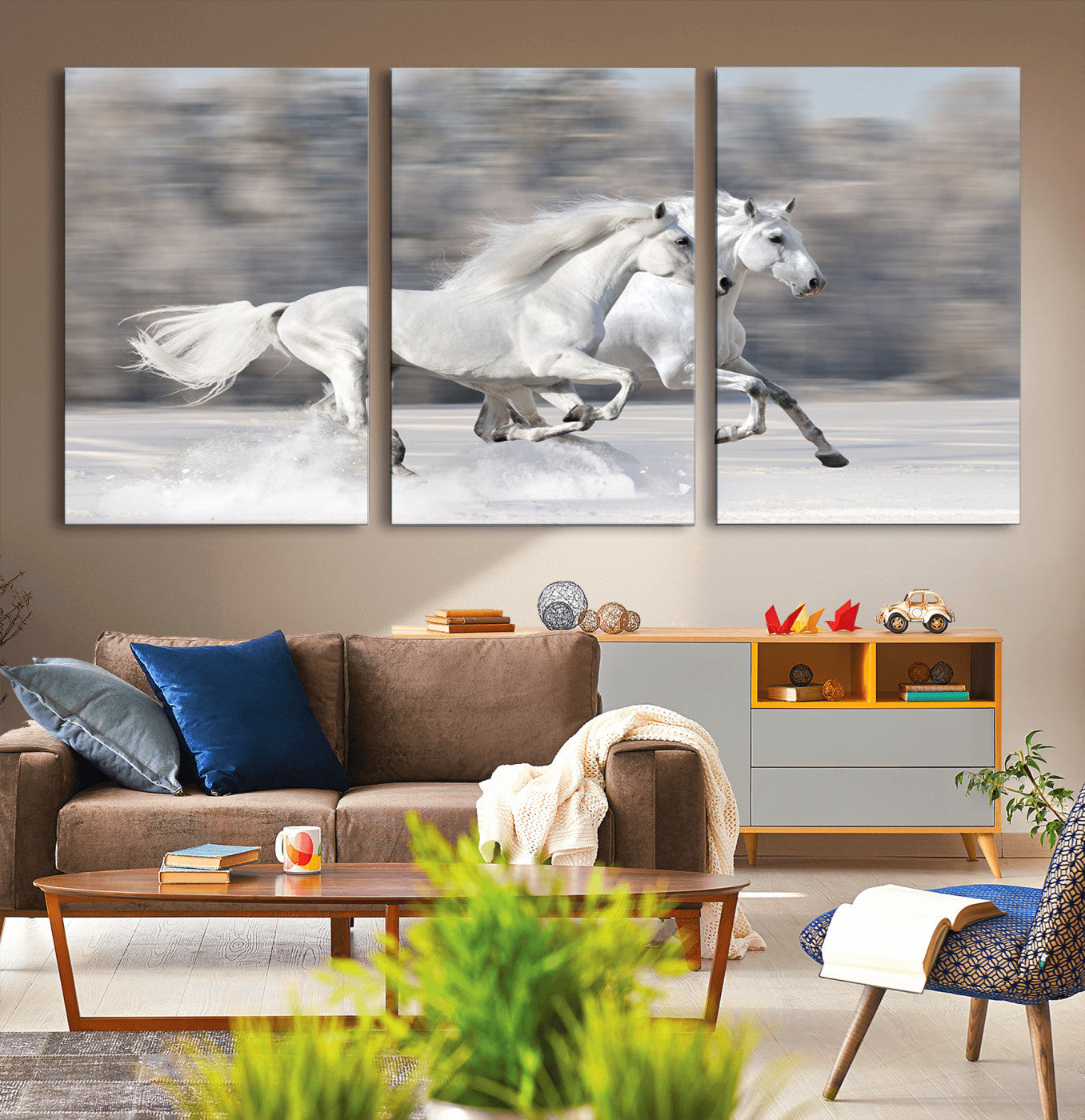 MGV-CV-60X30-3P - The White Horses Wall Art, Framed White Horses Wall Art Canvas Print