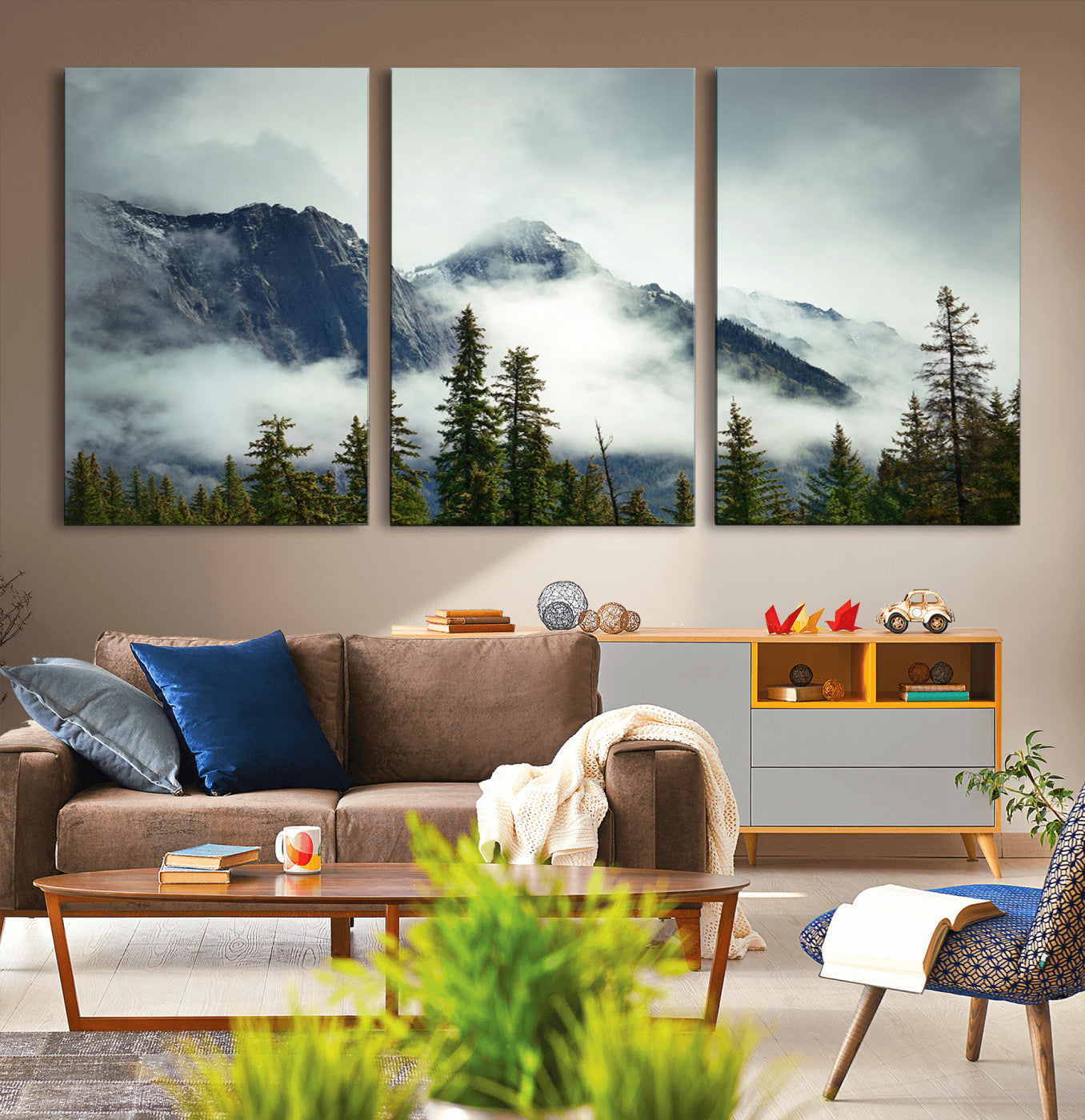 93219-MGV-CV-36X24-Mountain Mist Canvas Wall Art Print | 3-Panel Foggy Forest and Mountain Landscape | Large Giclee