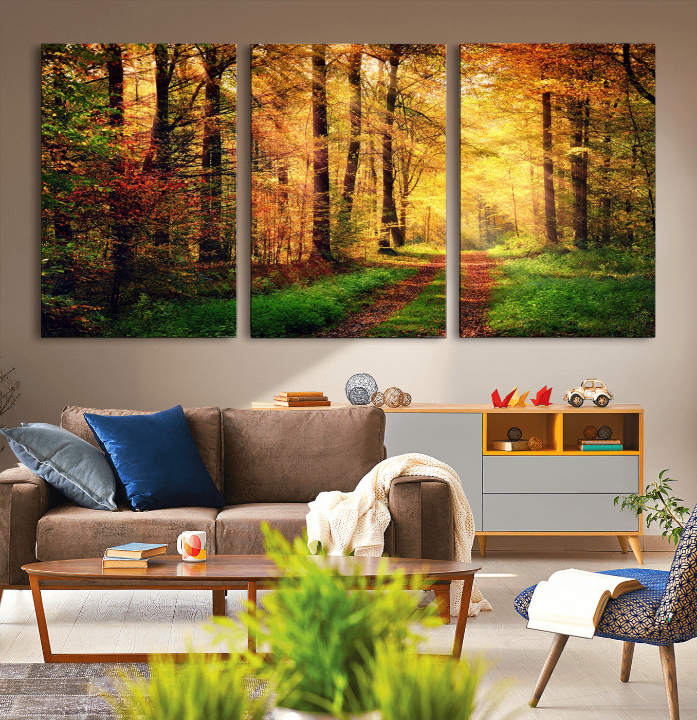 MGV-CV-60X30-3P - Sunlight Through Trees Wall Art Canvas Print - Autumn Forest Wall Art Canvas Print