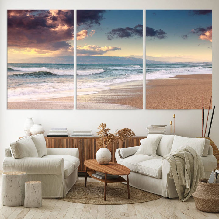 The dining area is enhanced with the Cloudy Weather Beach Sunset Canvas Print.