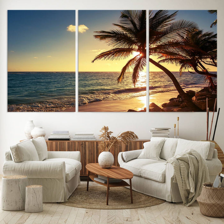 Sunset Palm Trees Wall Art Canvas Print: a serene beach scene on museum-quality canvas.