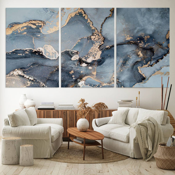 A Multipanel Marble Fluid Effect Canvas Print hangs prominently on the wall.