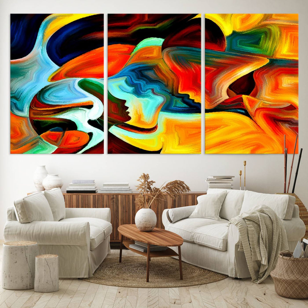 The kitchen wall features the Human Love Figures Abstract Wall Art Canvas Print.