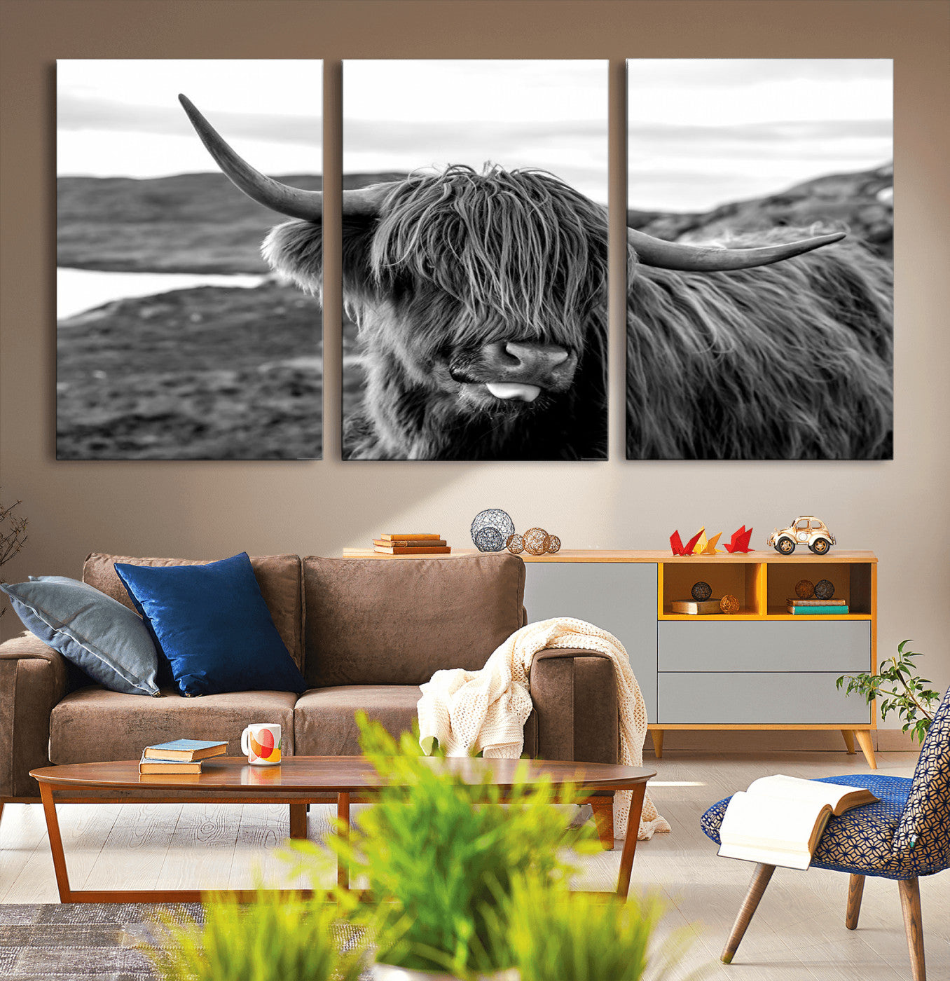 MGV-CV-60X30-3P - Longhorn Steer Canvas Print Wall Art, Highland Cow Canvas Wall Art – Black and White Animal Portrait