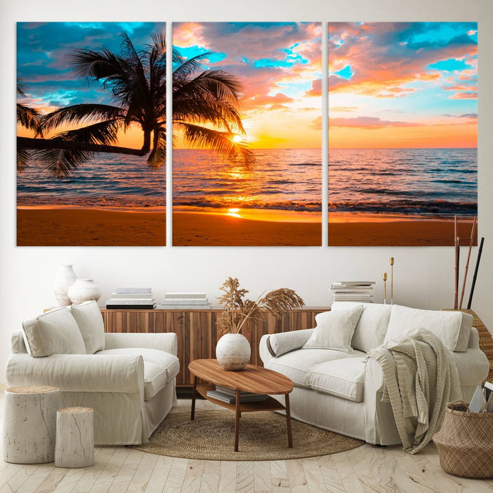 The Palm Tree Sunset On The Beach ready-to-hang canvas wall art—museum quality—brings a serene atmosphere to the room.