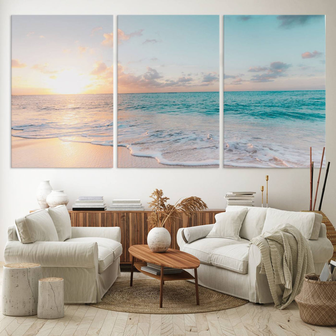 The room features a 3-panel Tranquil Ocean Beach Sunset Canvas Wall Art.