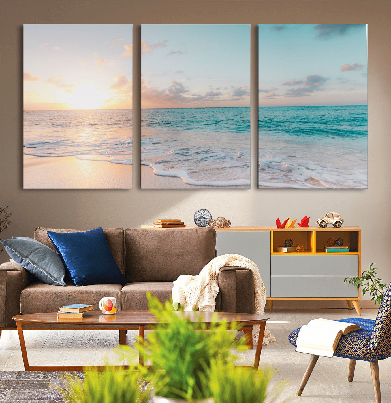 MGV-CV-60X30-3P - Tranquil Ocean Beach Sunset Canvas Wall Art | 3-Panel Coastal Decor