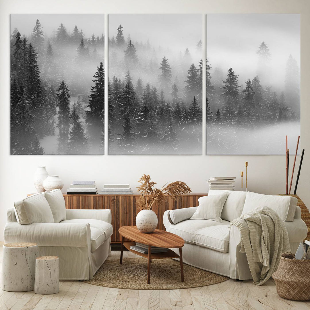 A stunning Foggy Misty Forest Canvas Wall Art adorns the kitchen wall.