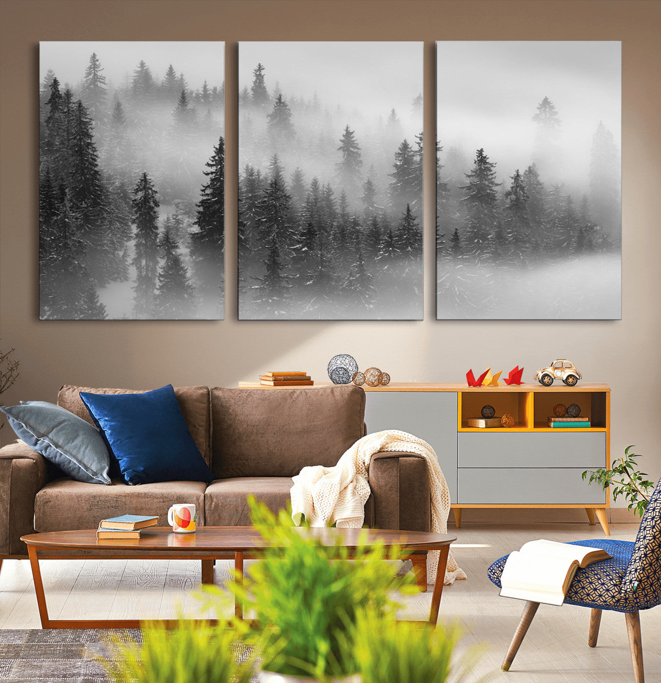 MGV-CV-60X30-3P - Foggy Misty Forest Canvas Wall Art – Black and White Landscape – Framed and Ready to Hang Modern