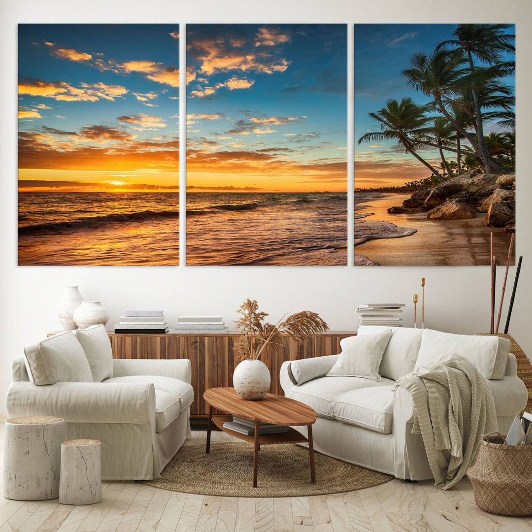 A stunning beach sunset on a museum-quality Sunset Wall Art Canvas Print adorns the kitchen wall.