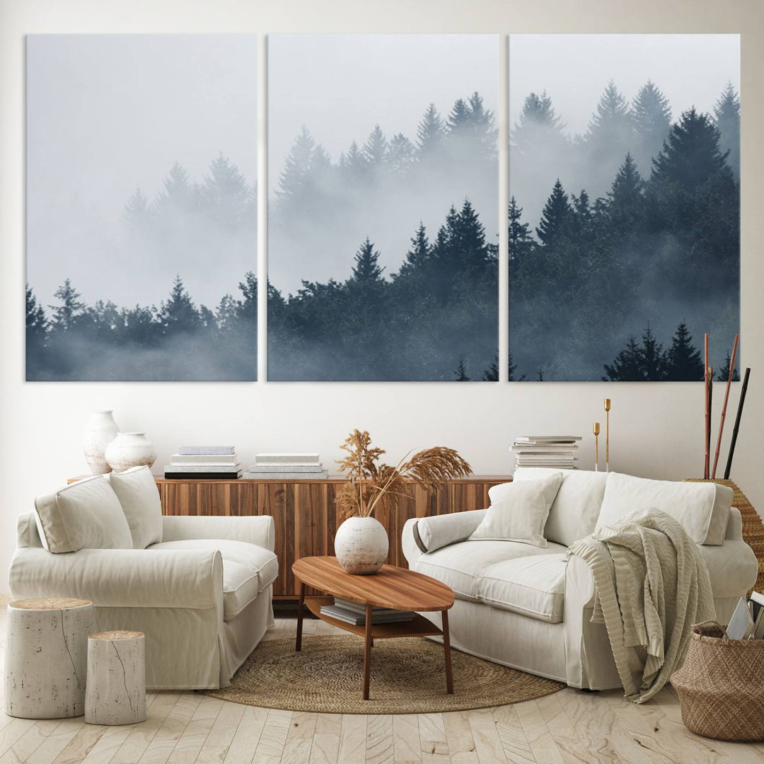 A large Foggy Pine Forest Wall Art Canvas Print.