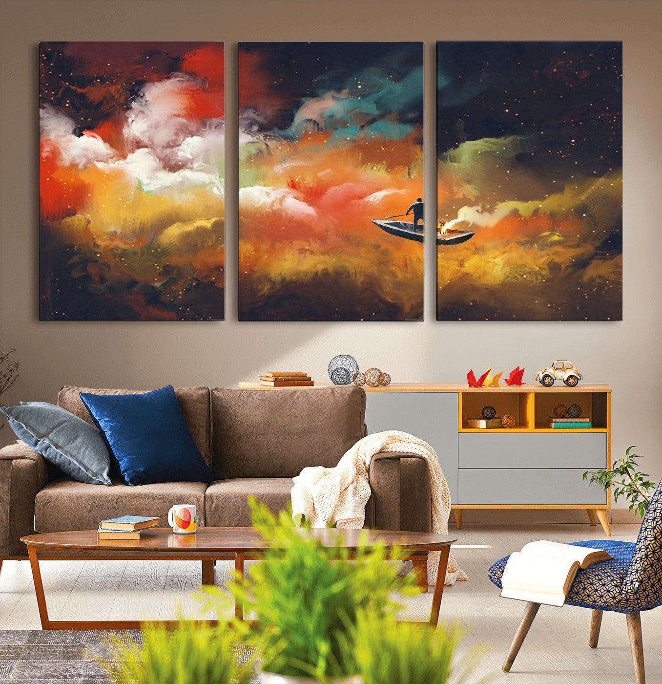 MGV-CV-60X30-3P - Surreal Space Adventure Canvas Wall Art – Dreamlike Abstract Galaxy Print – Framed and Ready to Hang for Living Room or Bedroom Decor