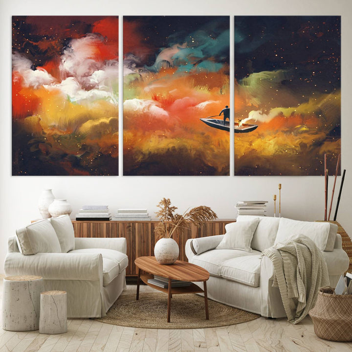 Surreal Space Adventure Canvas Wall Art features a person in a boat.