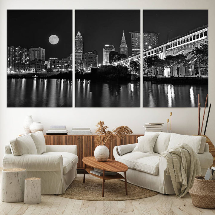 Cleveland Night Skyline Canvas Print: A museum-quality piece, ready to hang, featuring a stunning full moon and its reflections below.