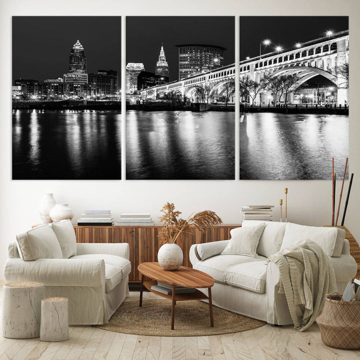 The Cleveland Night Skyline Canvas Print hangs prominently.