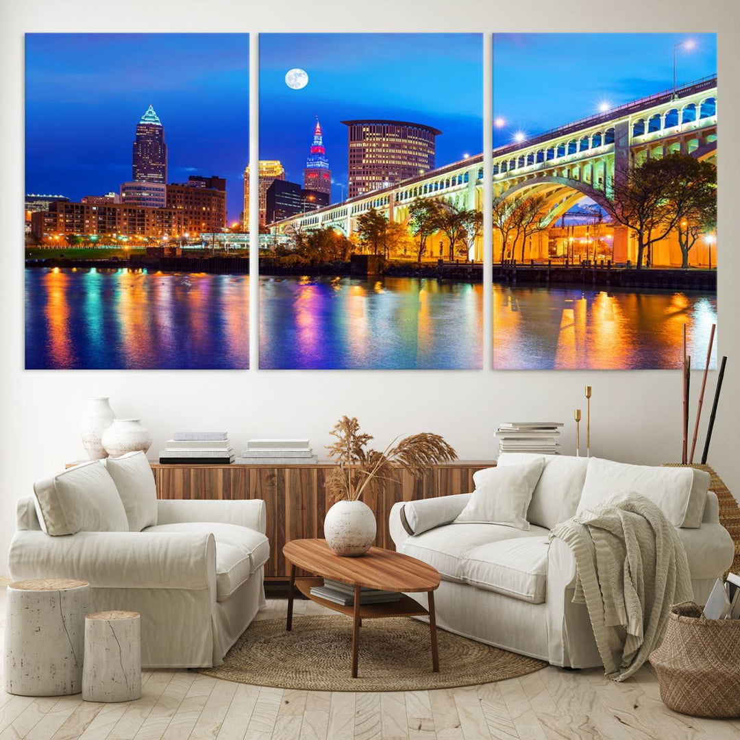 A Cleveland Night Skyline Wall Art on museum-quality canvas showcases a bridge and illuminated buildings.