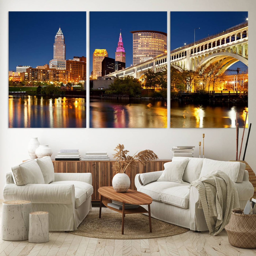 The Cleveland City Lights Canvas showcases a lit-up bridge and cityscape at night.