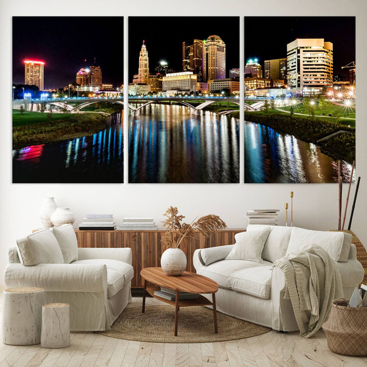 The Columbus City Lights Night Skyline Wall Art Canvas Print adorns the wall.