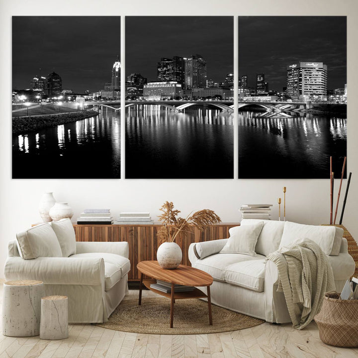 Columbus City Lights Skyline canvas print in black and white, featuring museum-quality craftsmanship and free shipping.