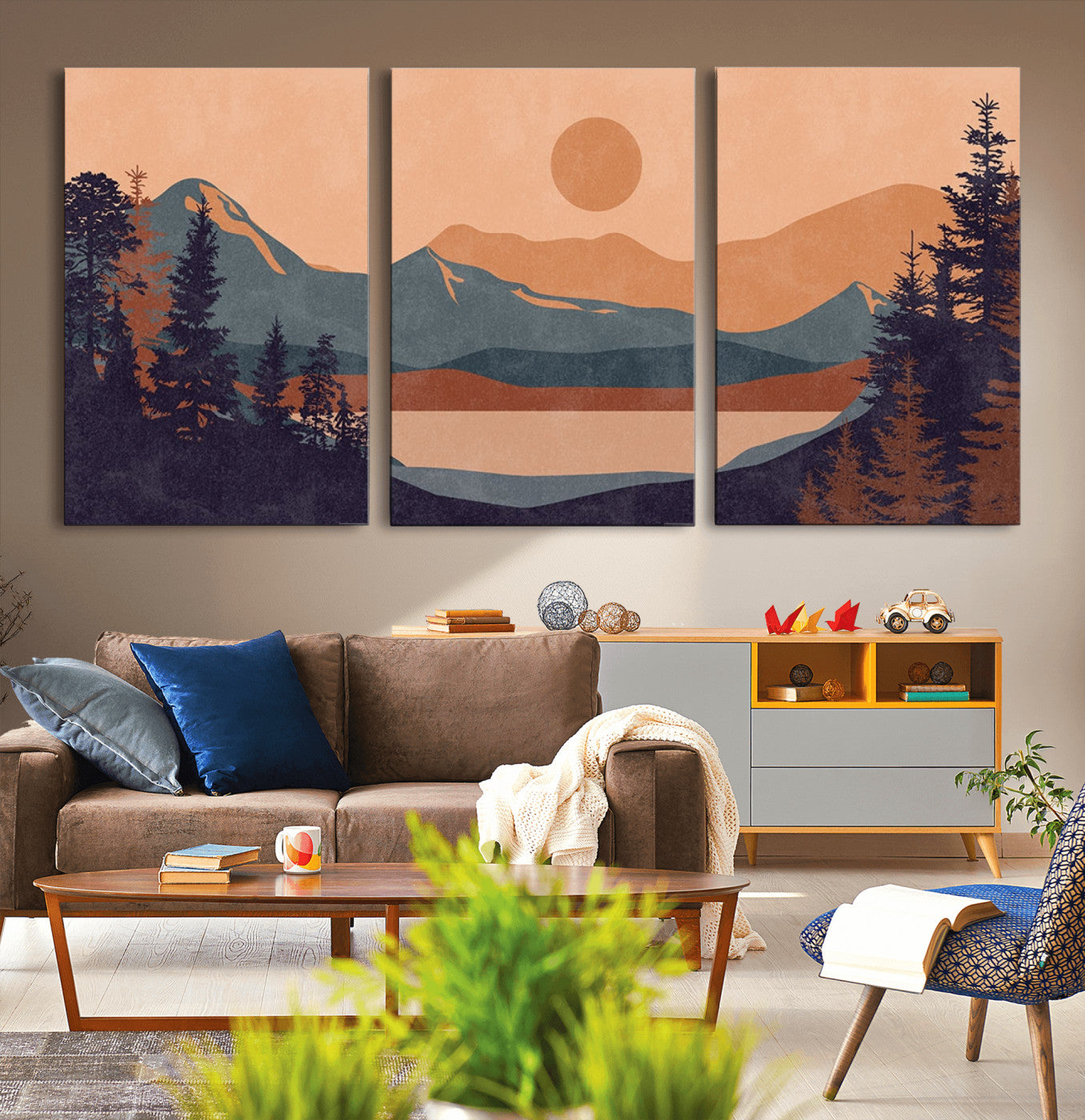 62795-MGV-CV-36X24-Modern Boho Sunset Canvas Print, Mountain Landscape Triptych – Giclée Canvas Art Print for Living