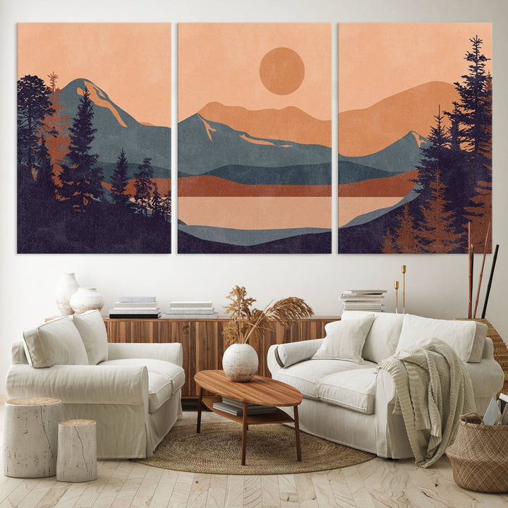 Modern Boho Sunset Mountain Landscape Triptych – Giclée Canvas Art Print for Living Room, Bohemian Decor, Ready to Hang