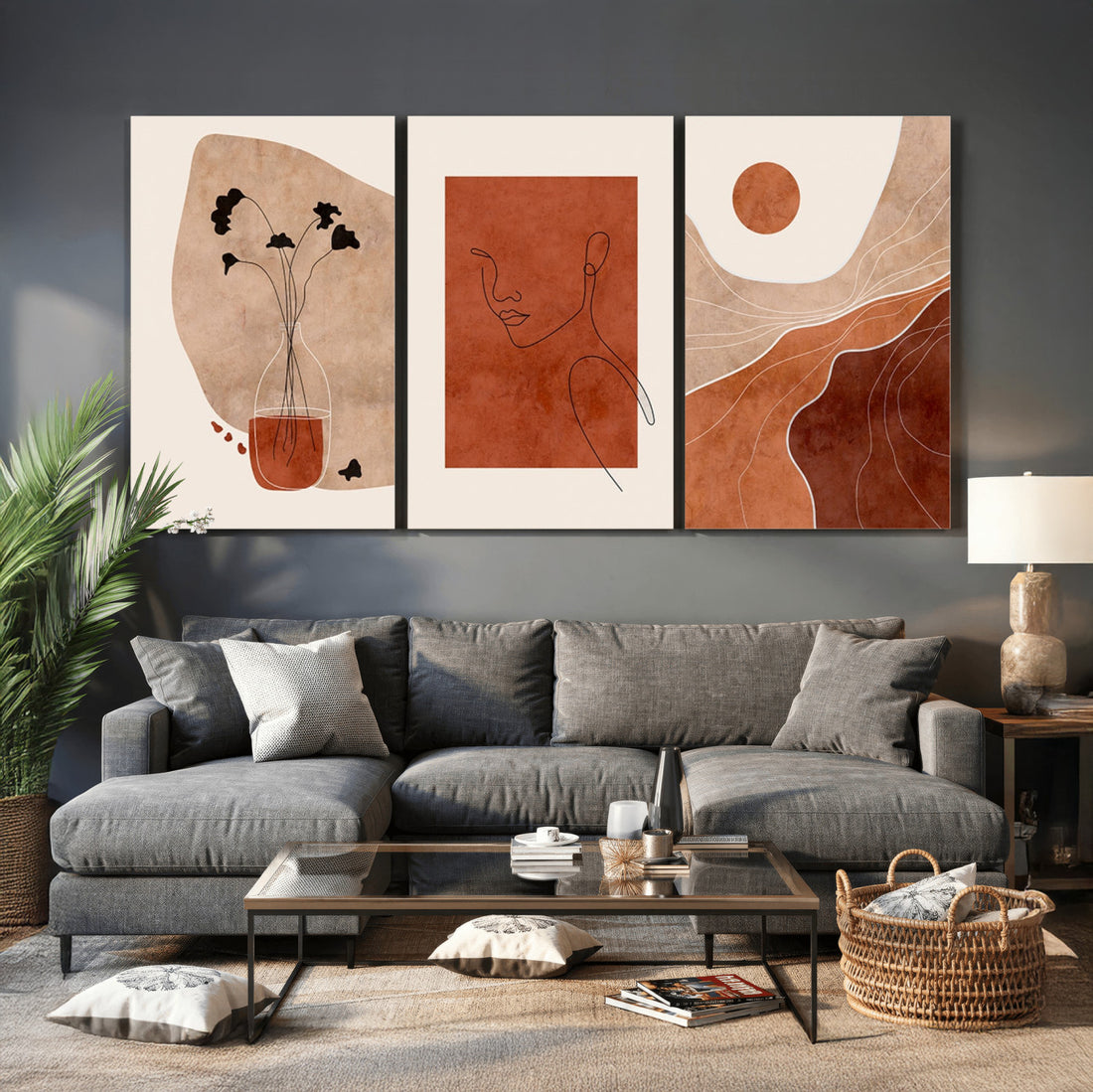Boho Sunset Mountain Canvas Print, Modern Boho Sunset Mountain Landscape Triptych