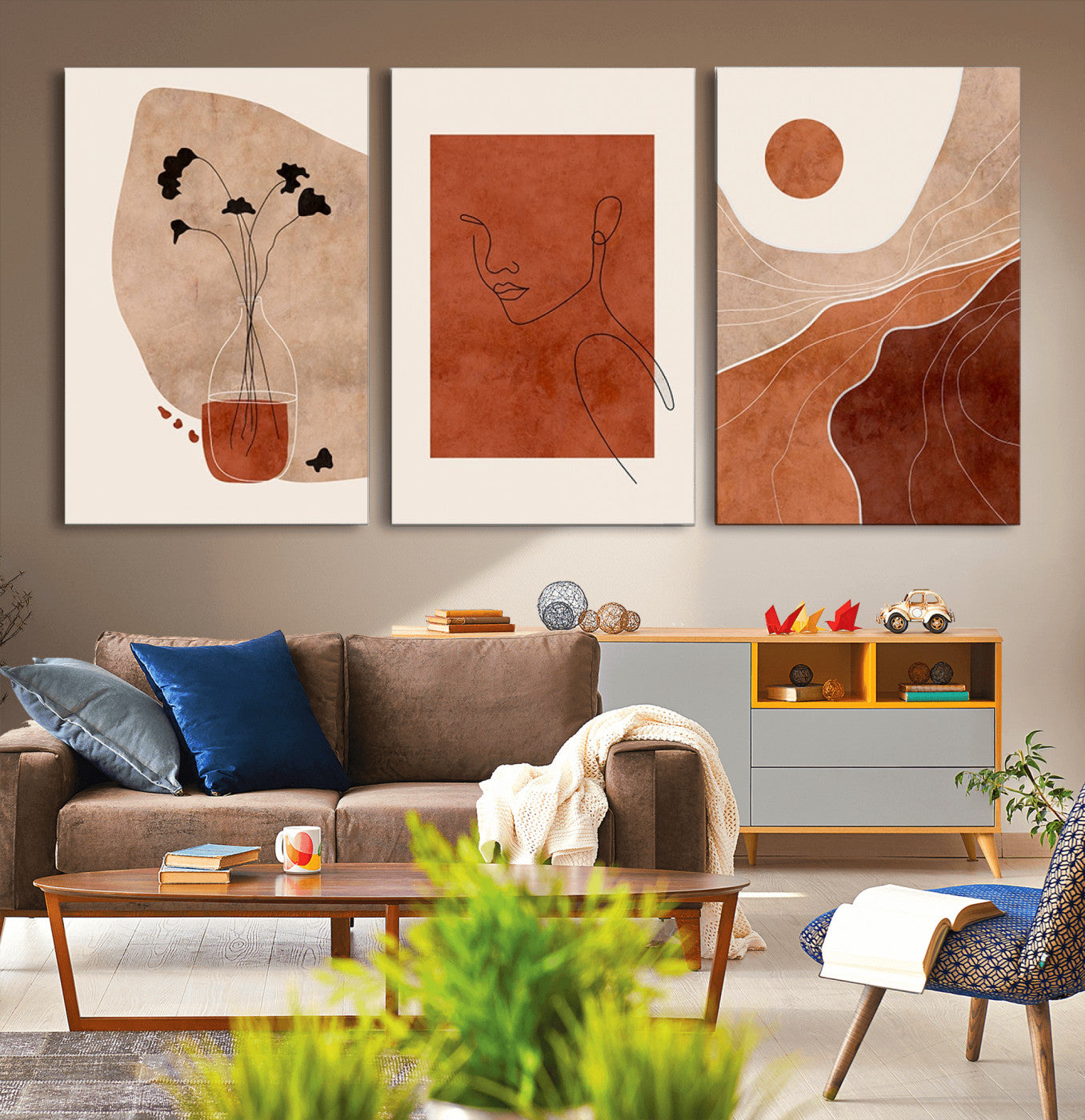 MGV-CV-60X30-3P - Boho Sunset Mountain Canvas Print, Modern Boho Sunset Mountain Landscape Triptych – Giclée Canvas