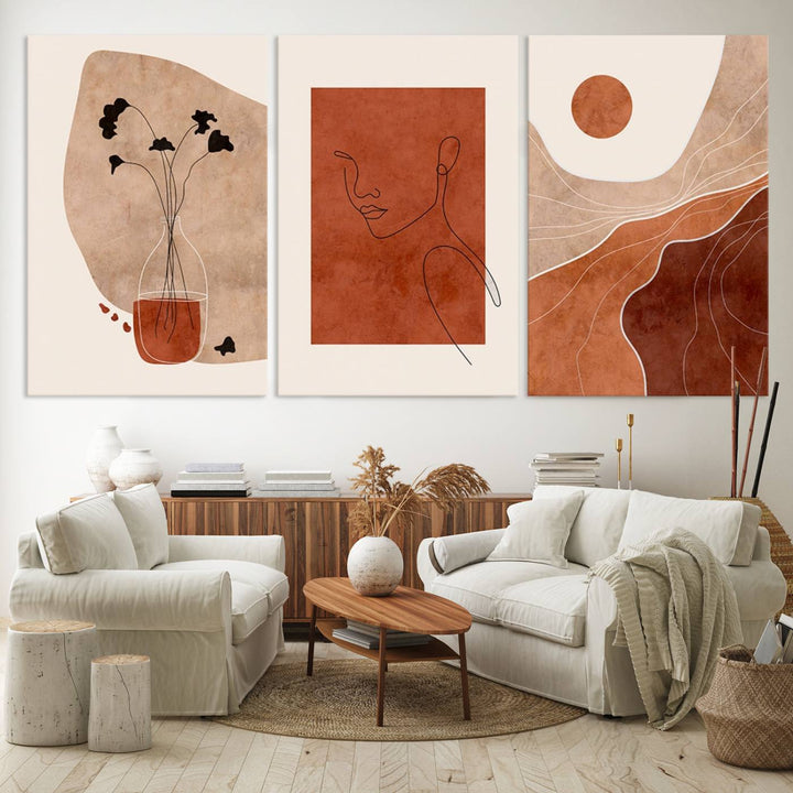 A giclée canvas triptych showcases minimalist mountain landscapes in earthy tones.