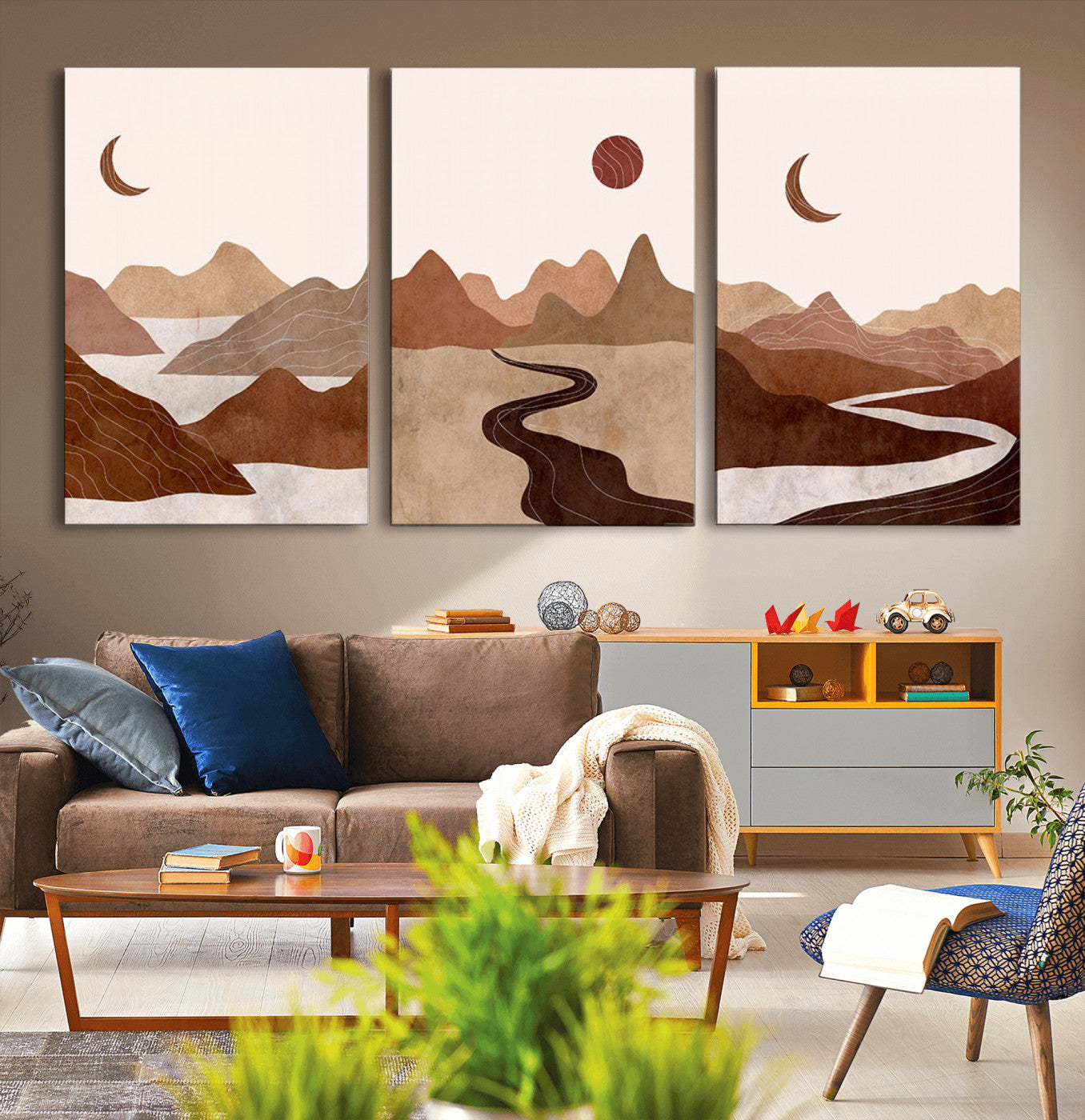 MGV-CV-60X30-3P - Boho Wall Art Canvas Print Set Mid-Century Prints Bohemian Wall Artwork Prints Boho Neutral