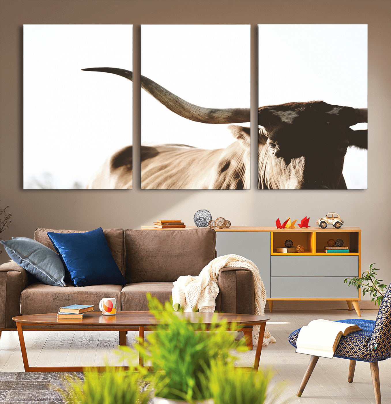 35866-MGV-CV-36X24-Texas Longhorn Wall Art Canvas Print | 3-Panel Large Longhorn Canvas Print for Living Room, Framed