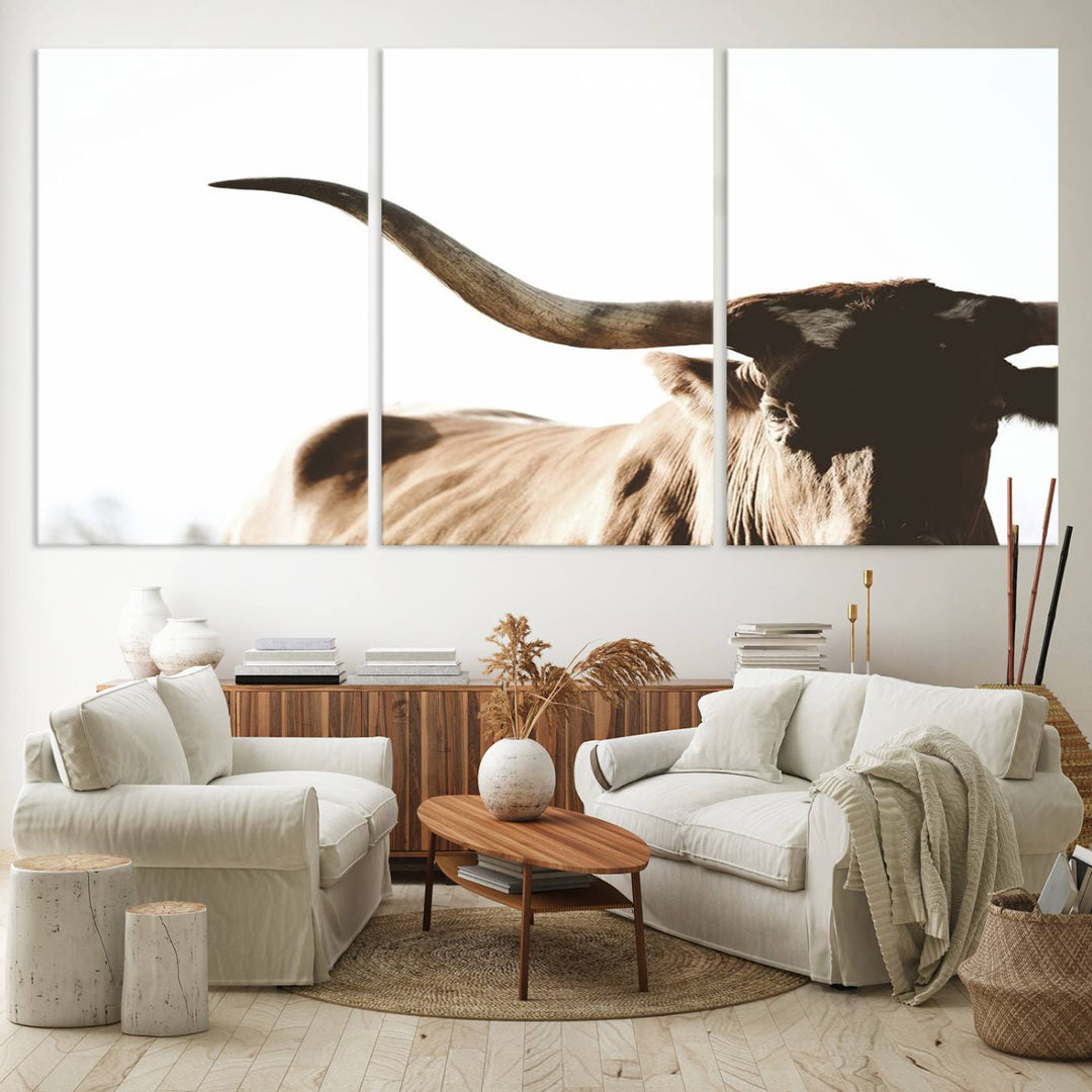 A 3-panel Texas Longhorn canvas adds a touch of rustic Western decor.