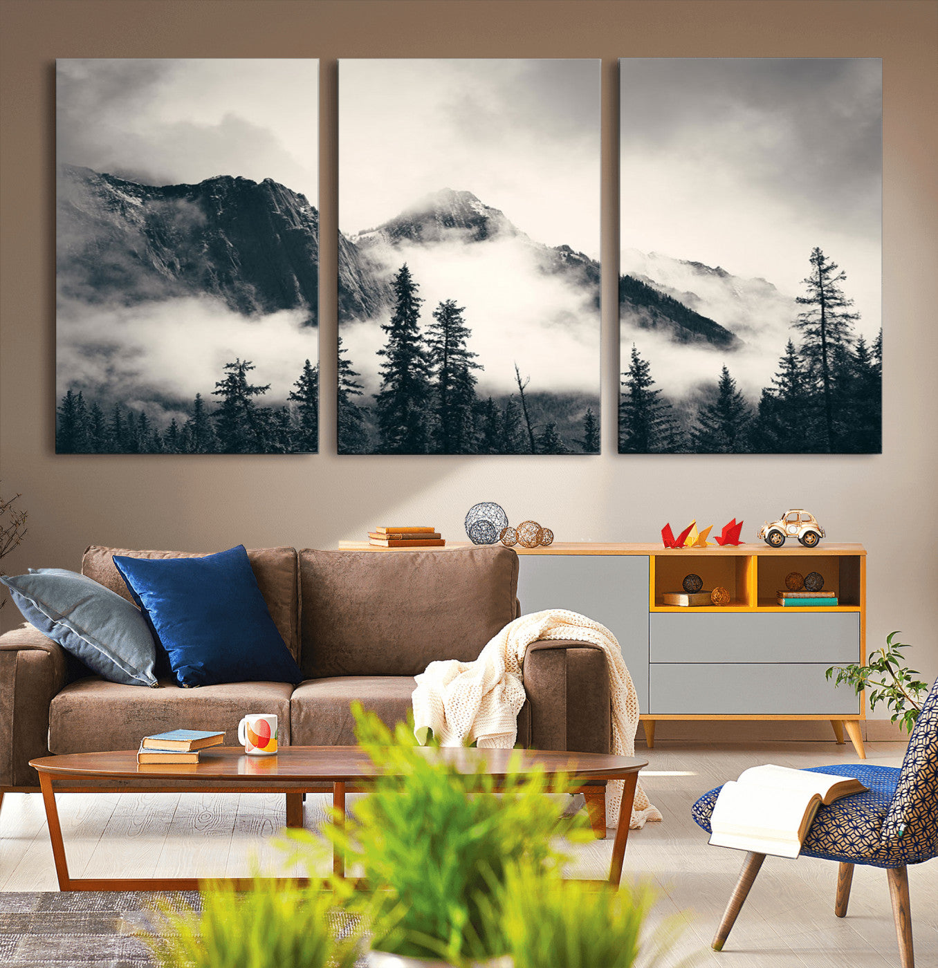 MGV-CV-60X30-3P - Large Foggy Mountain Forest Wall Art Canvas Print | Misty Mountain Peaks and Pine Trees Print |